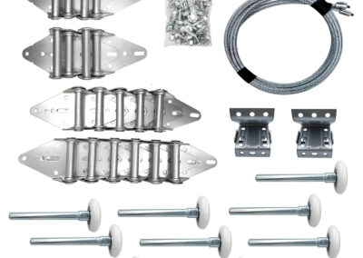Assortment of garage door hinges, rollers, and lift cables